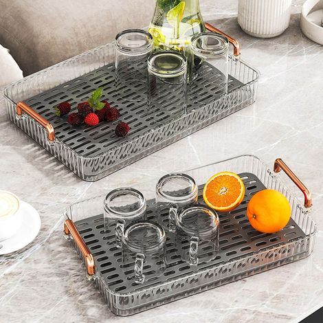 Teetablett für Zuhause, ideal fürs Wohnzimmer, mit Trockenaufgussschale, leichtem und luxuriösem Teeservice, Tassenhalter, doppelwandiger rechteckiger Abtropfschale, großes graues Modell. (1/5)