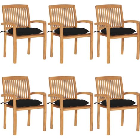 Chaises de jardin empilables avec coussins lot de 6 Teck solide (1/5)