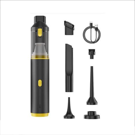 Aspirateur sans fil portable avec moteur sans balais, aspiration puissante de 16 000 Pa, 2 en 1 pour la voiture et la maison, compatible avec Huawei, Samsung, Apple et Garmin (noir et jaune). (1/5)