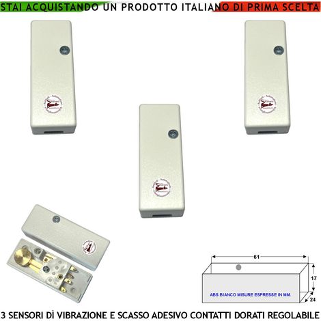 Rilevatore di Scasso Sensore di Vibrazioni Continue Tre Pezzi Antifurto Via Filo Per Inferriate Porte Martelletto Oscillante Regolabile Contatto Allarme NC Tamper Contenitore Adesivo ABS Bianco IP30 (1/4)