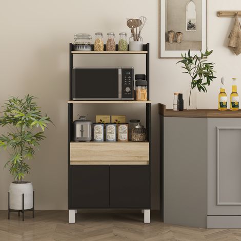 Mueble para microondas, aparador de cocina con armario, cajón y estante superior, 60 x 40 x 131 cm, roble y negro.