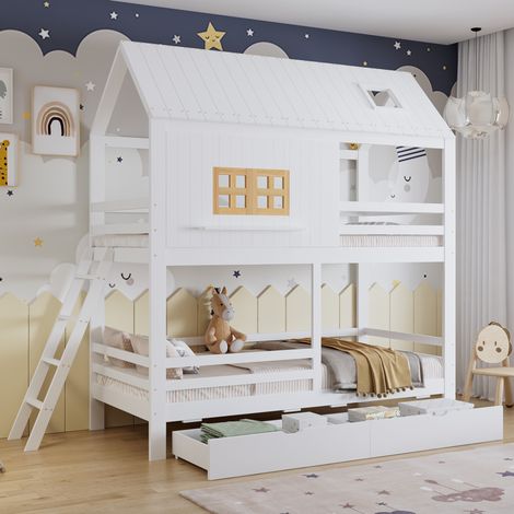 Letto a castello in legno e MDF bianco+naturale 90x200 cm con 2 cassetti, scala e rete a doghe (1/4)