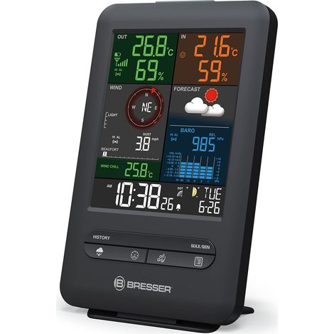BRESSER Stazione base aggiuntiva per stazione meteo wireless 7002525 Beaufort 5 in 1 con indicatore di clima interno e sveglia integrata con funzione di allarme ghiaccio, nero (1/3)
