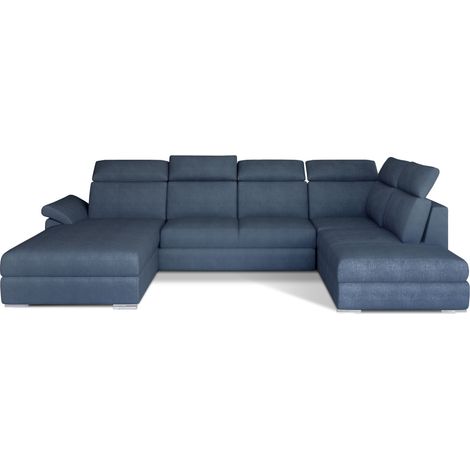 Canapé panoramique convertible LEVANO tissu - Rangement et appuie-têtes réglables-Bleu turquin-Coffre à gauche (1/5)