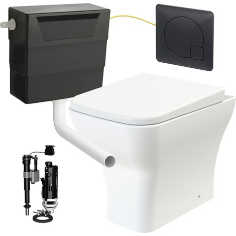 Square Rimless Back to Wall Toilet Pan with Soft Close Seat & Concealed Cistern Black Plate Button