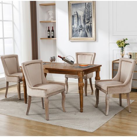 Lot de 4 chaises de salle à manger 55x61x91 cm velours beige, pieds en bois stables – MEUBLIV (1/5)
