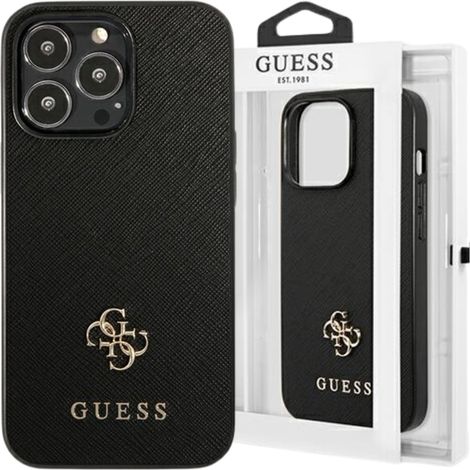 Funda rígida Guess GUHCP13LPS4MK para iPhone 13 Pro / 13 de 6,1 pulgadas, color negro/negro, Saffiano, 4G, con pequeño logotipo metálico. (1/5)