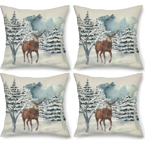 Housse De Coussin Noel - Lin - Motif Sapin Flocon Cerf - 45x45 Cm - 4 Pièces (1/5)