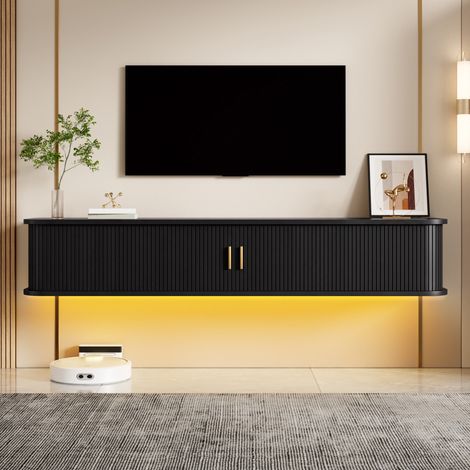 Mueble tv suspendido - 175 x 30 x 30 cm - puertas correderas acanaladas, iluminación led controlada por aplicación, esquinas redondeadas, almacenamiento oculto cajón estantes - estilo moderno - MDF -  (1/5)