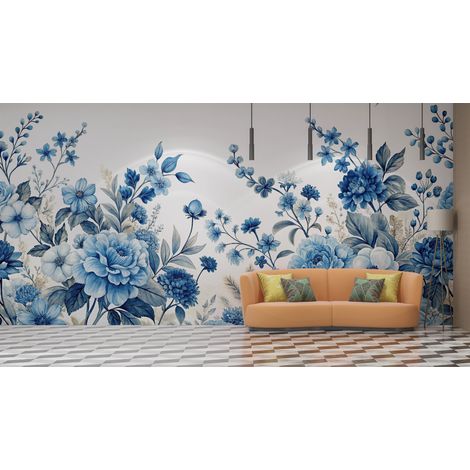 Papier peint fleuri - grands hortensias bleus - 150 x 250 cm (1/2)