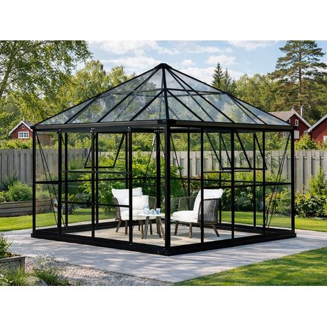 Orangerie, Pavillon aus Glas 8,06m², 2,82x2,86x2,8m mit Sockel, Schwarz - Dancover (1/2)