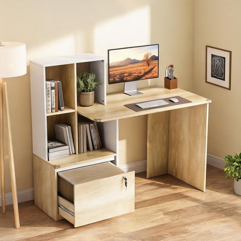 Bureau chêne et blanc en particleboard 126 x 50 x 109 cm (1/5)