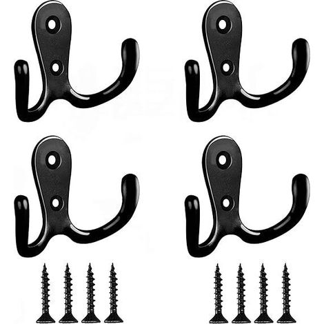 4 Crochets Mural Doubles Noir, Patères à Vêtements avec 8 Vis, Crochets de Porte en Métal Vintage Argent, Idéal pour Suspendre Chapeaux, Cravates, Serviettes, Manteaux, pour Chambre, Salle de Bain, Cu (1/5)