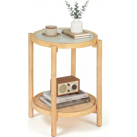 COSTWAY Petite Table Basse Ronde en Verre et Bois 2 Niveaux (Naturel) (1/5)