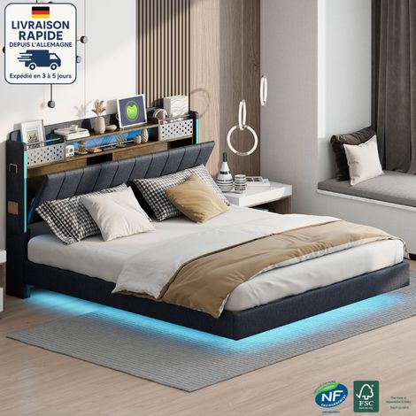 Lit adulte 160x200cm, sans matelas, lit double LED, tête de lit avec rangement, lin, USB, gris (1/5)