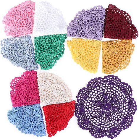 Dessous de verre colorés de 20 cm, style vintage, en coton, fait main au crochet, avec napperon en dentelle à fleurs.