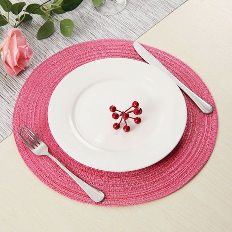 Set of 6 Pink Round Placemat Braided Cotton Christmas Placemat Washable Heat Resistant Non-Slip Placemat Decoration for Dining, Kitchen, Wedding, Party - 38x38cm (1/5)