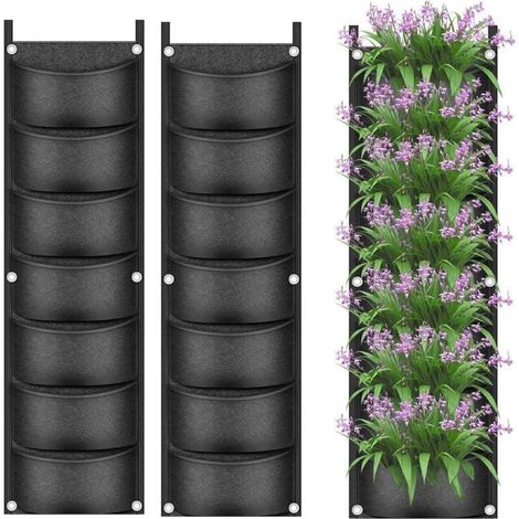 CSPARKV 2 Pièces Sacs de Culture de Plantes Suspendus, 7 Poches Jardinière Murale Sac pour Pot de Fleurs Vertical Sacs de Culture Respirants en Tissu Non Tissé pour Cour Jardin Maison Décoration (Noir (1/5)