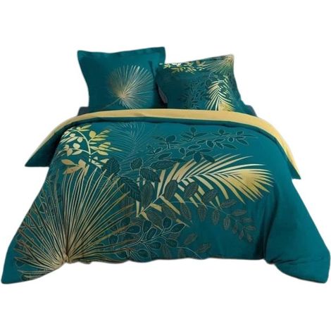 Housse de couette en coton 260x240cm, 57 fils/cm², bleu sarcelle et or, avec 2 taies d'oreiller (1/4)