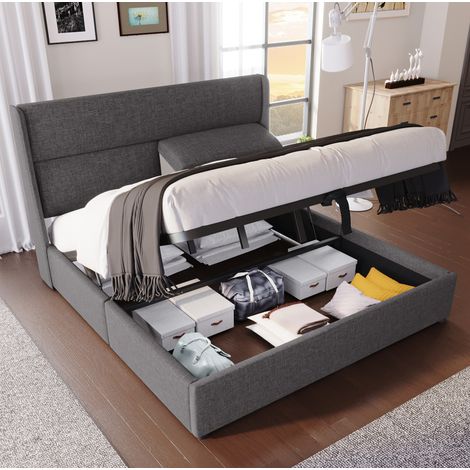 Cama con almacenaje 180/200 cm gris de lino con cabecero regulable (1/5)