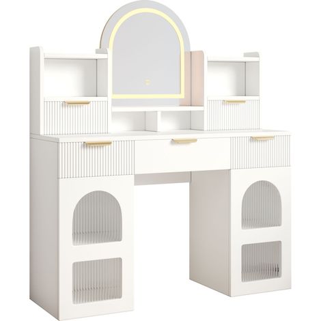 Grand meuble de maquillage blanc avec miroir LED, 3 tiroirs, 2 portes vitrées et étagères, 120×40×139,5 cm (1/5)