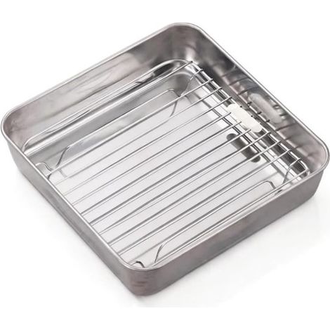 Teglia da forno per friggitrice ad aria, in acciaio inox, quadrata, con griglia, lavabile in lavastoviglie, 21,3 x 20,9 x 5,1 cm, argento (1/5)