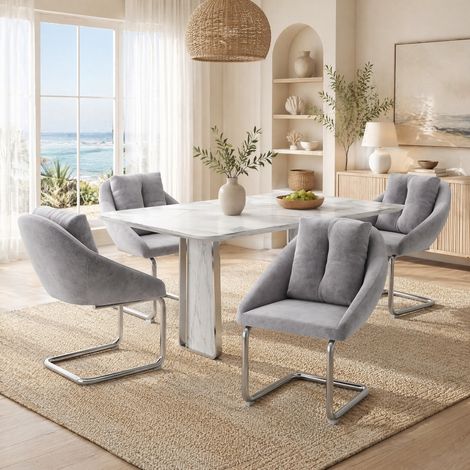 Chaise de salle à manger en velours gris, lot de 4, avec coussin, structure métal DESVIAE (1/5)