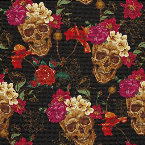 Telas decorativas para exteriores estilo Oxford con estampado de calaveras y flores. (1/5)