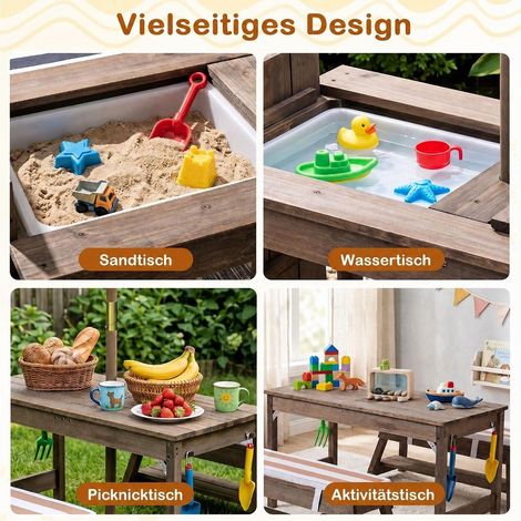 Table de pique-nique enfant avec espace de jeu sable/eau, bancs coussinés et parasol, pour jardin ou terrasse (1/5)