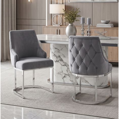 2 graue Samt-Esszimmerstühle mit silberfarbenen Metallbeinen, modernes Design (1/5)