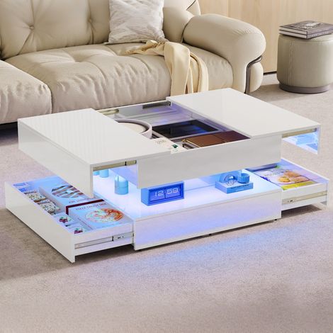 JOOKGBD-Couchtisch 78x78x43 cm Ausziehbarer,Beistelltisch mit Stauraum und LED-Beleuchtung,2 Schubladen,Couchtisch für das Wohnzimmer,Beistelltisch für das Wohnzimmer oder Büro,Weiß