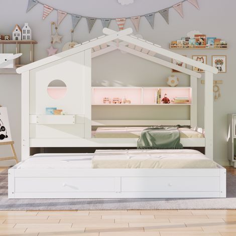 Hausbett aus Massivholz Weiß 90x200 cm mit Ausziehbett, Schubladen und LED (1/5)