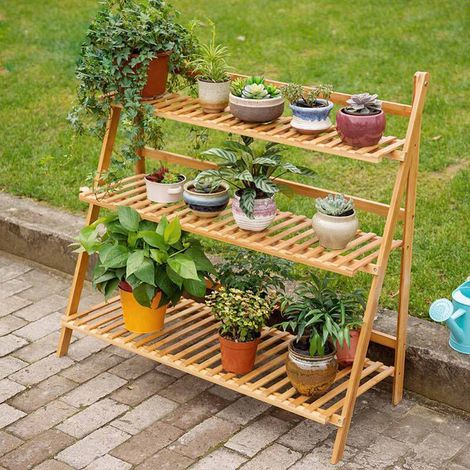 3 Tier Ladder Foldable Plant Pot Stand, Wood (1/5)