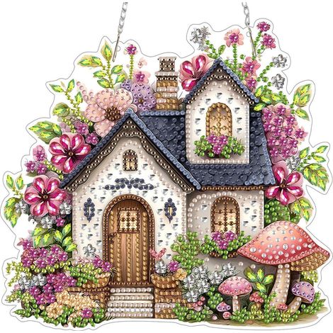 Diamond Painting Anhänger Blumen Pilz Hütte mit Kette 20x20cm (1/4)