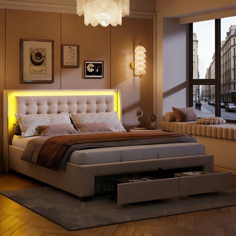 Bettkasten 180x200 cm mit 2 Schubladen und LED-Licht, Doppelbett mit hydraulischem Stauraum und Lattenrost, Samtstoff, Beige