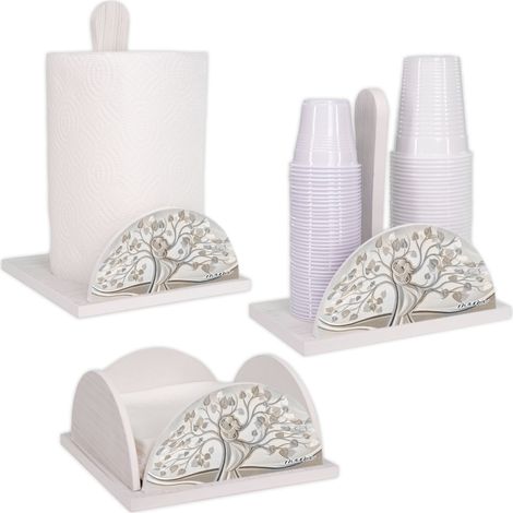 Lupia - Set 3 Pezzi Cucina in Legno White ALBERO ABBRACCIO Porta Tovaglioli, Porta Bicchieri, Porta Rotolo, Decorazione Elegante, Adatto a Stili Moderni e Classici, stile amore e famiglia (1/4)
