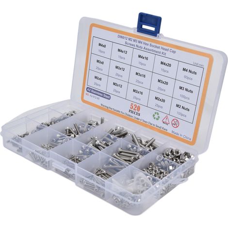 520-teiliges Set aus Sechskantschrauben und -muttern aus Edelstahl 304, Sortiment M2, M3, M4, inklusive Aufbewahrungsbox (1/5)