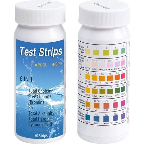 YMYNY Bandelettes de Test pour Piscine et Thermes, Lot de Bandelette Piscine 6 en 1 pour Papier ph Bandes Test Qualité d'eau sur Chlore Total Chlore Libre Alcalinité Acide Cyanurique Dureté du Liquide (1/4)