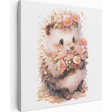 Tableau toile Enfants Carré - Hérisson Fleurs - 30x30 cm (1/2)