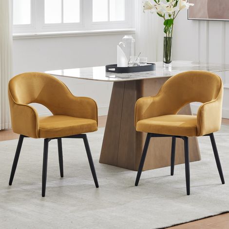 Wahson Lot de 2 chaises en velours jaune – Chaise salle à manger moderne avec accoudoirs – Rembourrée, pivotante 360° – Pieds en métal durables, Jaune