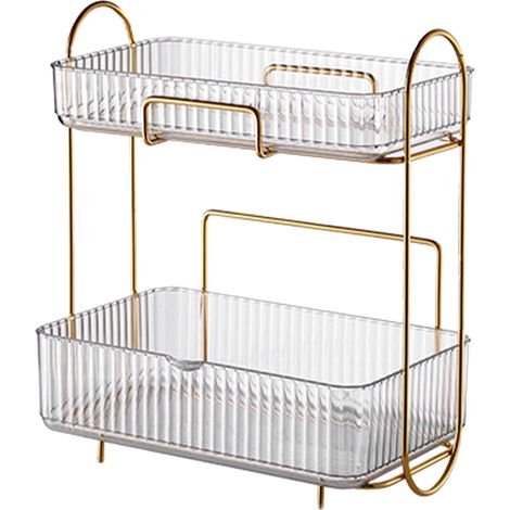 Badezimmer-Kosmetikregal, zweistöckiges Schminktischregal fürs Büro, Aufbewahrungs- und Organisationsregal fürs Schlafzimmer, transparent. (1/5)
