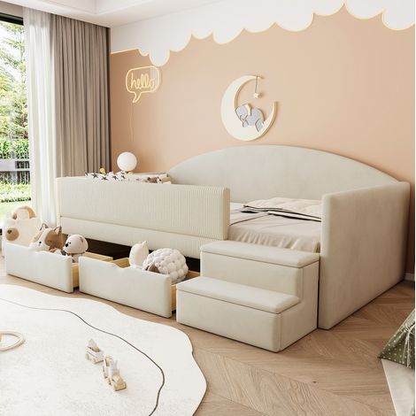Lit avec tiroirs 90x190 en velours beige rembourré HAVRYA (1/5)
