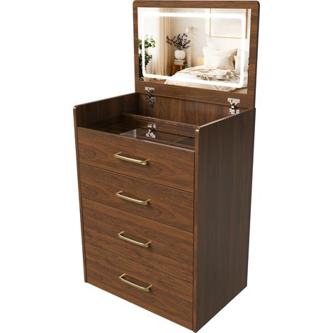 CHICFURN Toeletta compatta 60x40x118 cm in MDF color noce, specchio apribile, 3 cassetti (1/5)