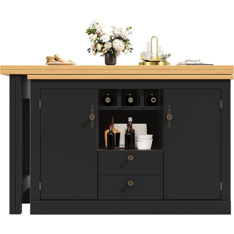Table bar extensible multifonction noire 120 à 180 cm rotation 360° avec rangement et porte-bouteilles, meuble transformable buffet table à manger bureau télétravail salon salle à manger (1/5)