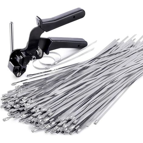 Pistolet à colliers de serrage en acier inoxydable, conçu pour fixer et couper les colliers de serrage métalliques, comprend 100 colliers de serrage de 11,8 pouces. (1/4)