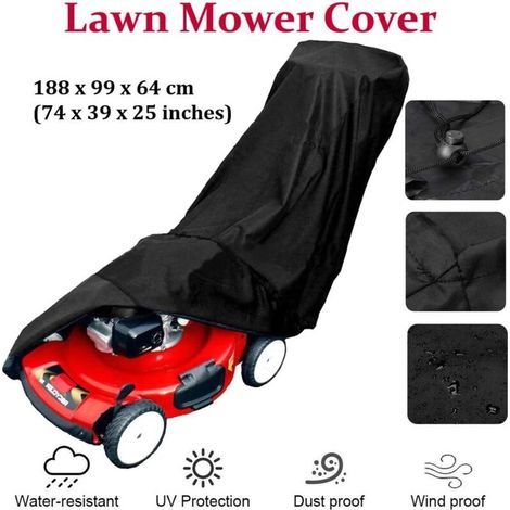Lawnmower Cover, 190T Mower Cover with Drawstring and Storage Bag for Outdoor/Indoor Use, Waterproof, Dustproof, UV Resistant, 187.9699 63.5 cm (1/5)