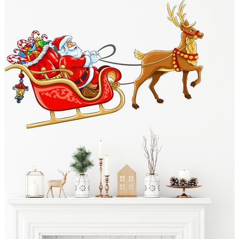Sticker Noël le Père Noël sur son traineau - Autocollants stickers adhésifs noël - décoration fêtes - 110x220cm (1/4)
