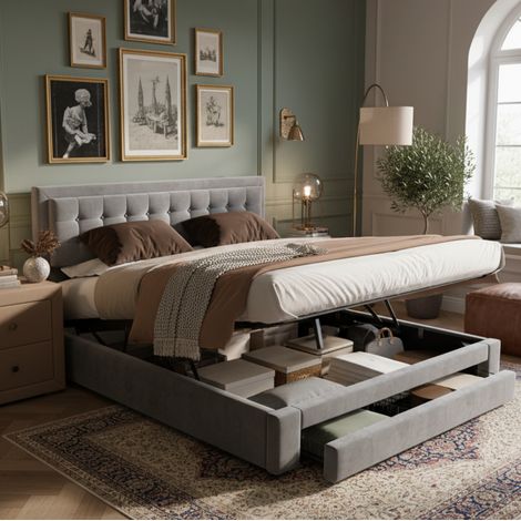 Letto contenitore 180x200 cm in velluto grigio, testiera regolabile HAVRYA (1/5)