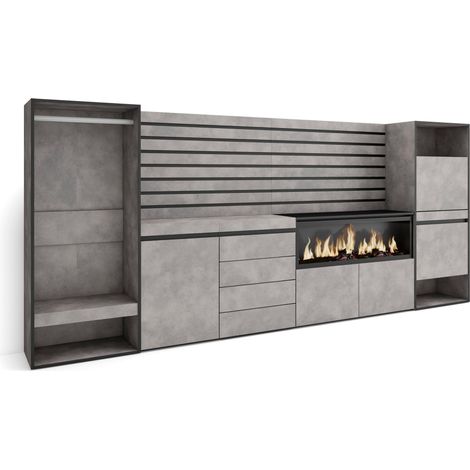 Skraut Home - Credenza, Mobile, Buffet, Stoccaggio, 334x145x35 cm, Camera da letto, stanza, Camino elettrico XXL, Cassettiera, Scarpiera, Armadio Aperto, Stile moderno, Grigio Cemento (1/5)