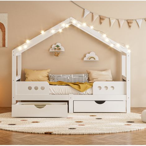 DESVIAE Lit enfant cabane avec toit deux grands tiroirs et tableau intégré cadre bois mdf blanc 90 x 200 cm (1/4)